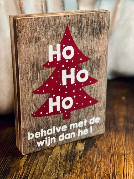 Tekstblok kerst ho ho ho wijn hout/rood