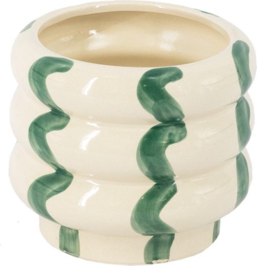 Aardewerk vaas lines groen - wit met groen gestreepte vaas - 15,8x15,8x13,5cm - stijlvolle vaas