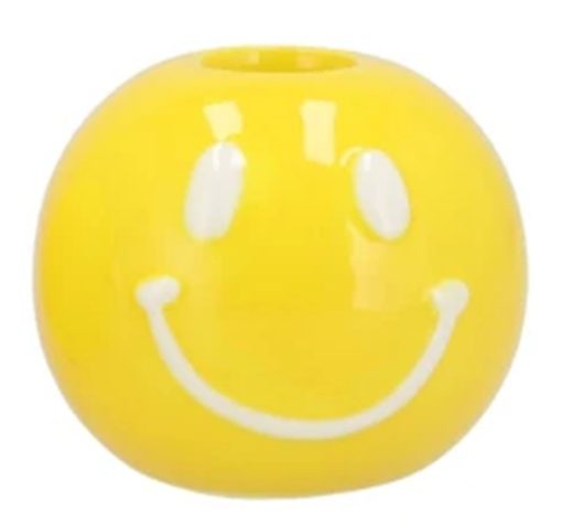 Smiley kaarsenhouder 7x7x6cm Geel/wit