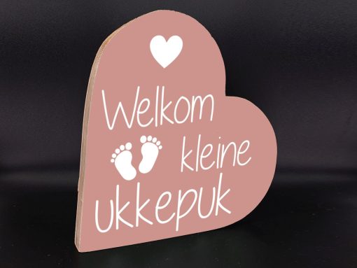 Teksthart Welkom kleine ukkepuk baby roze 25x25cm
