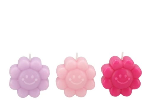 Smiley Kaarsen set Roze/lila 7x4cm 3 stuks.