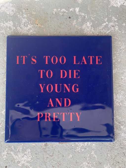 Tegeltje Too late to die young and pretty | Hippe Spreuktegel | Afscheid cadeau| Nieuwe woning cadeau | Housewarming cadeau |Verjaardagscadeau | Birthday |Verjaardag |brievenbuscadeau