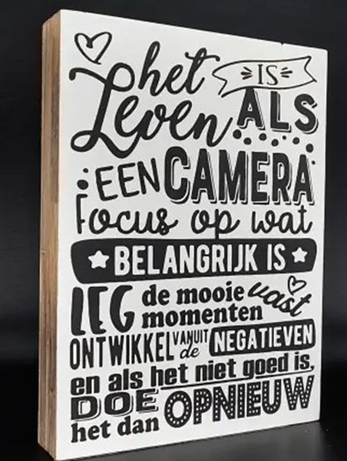 Tekstblok 25x18cm het leven is als een camera wit (zwart)
