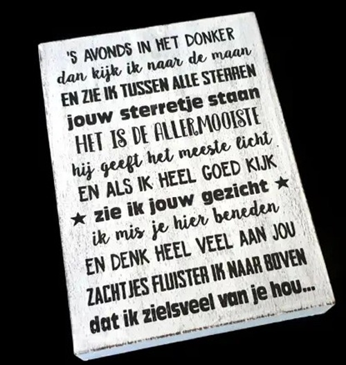 Tekstblok 25x18cm s avonds in het donker antique white