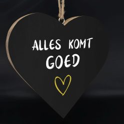 Teksthart xl hangend 25x25cm alles komt goed zwart