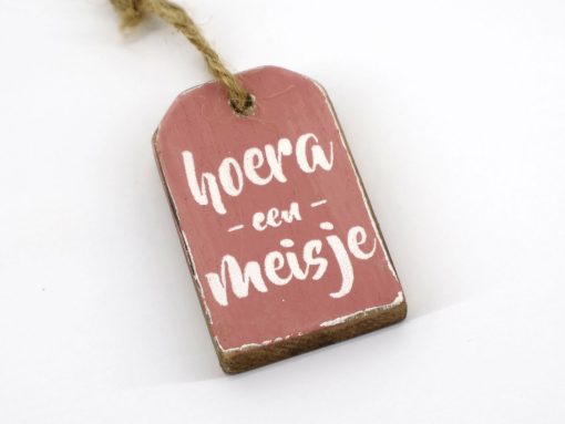 Hanger label Hoera een meisje baby Roze 6x4cm hout