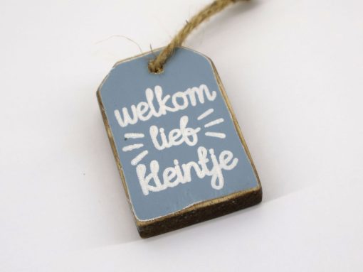 Hanger welkom lief kleintje baby blauw 6x4cm hout