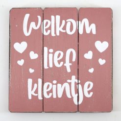 Tekstbord welkom lief kleintje baby roze 20x20cm
