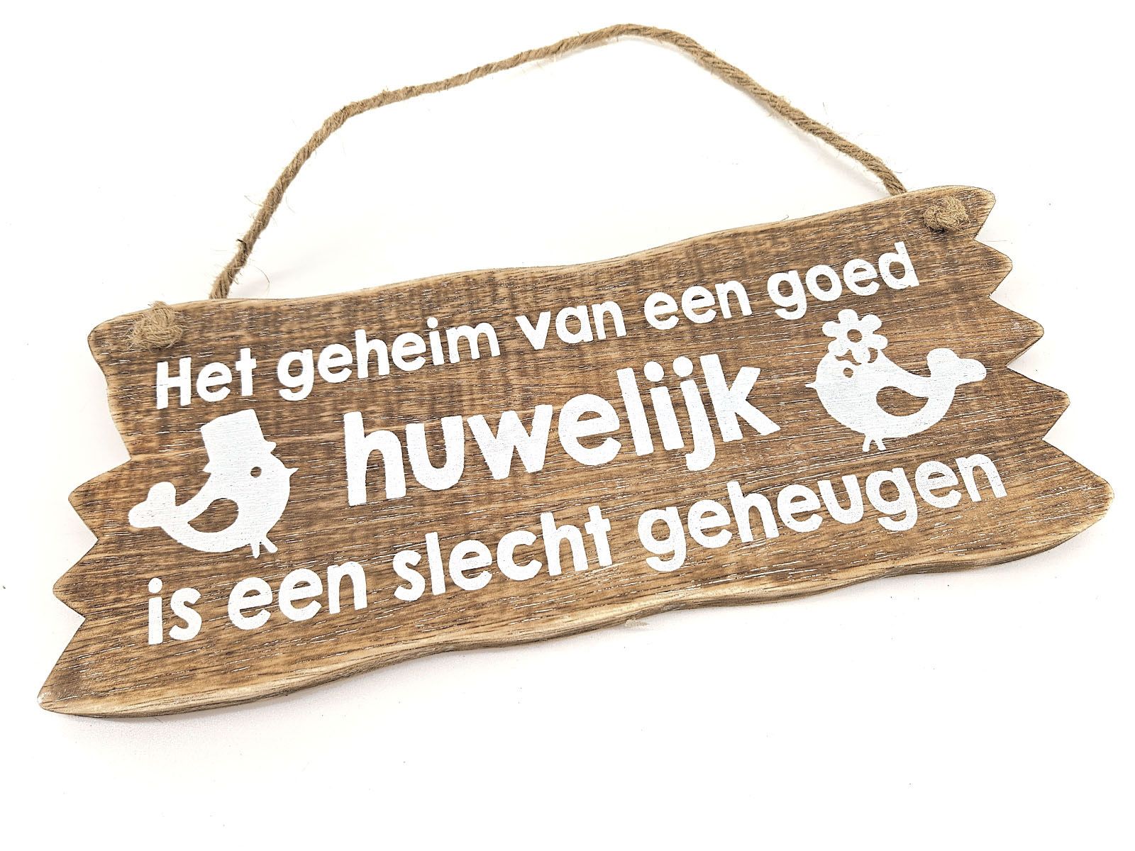 Bordje hangend Het geheim van een goed huwelijk 12x30cm (naturel)